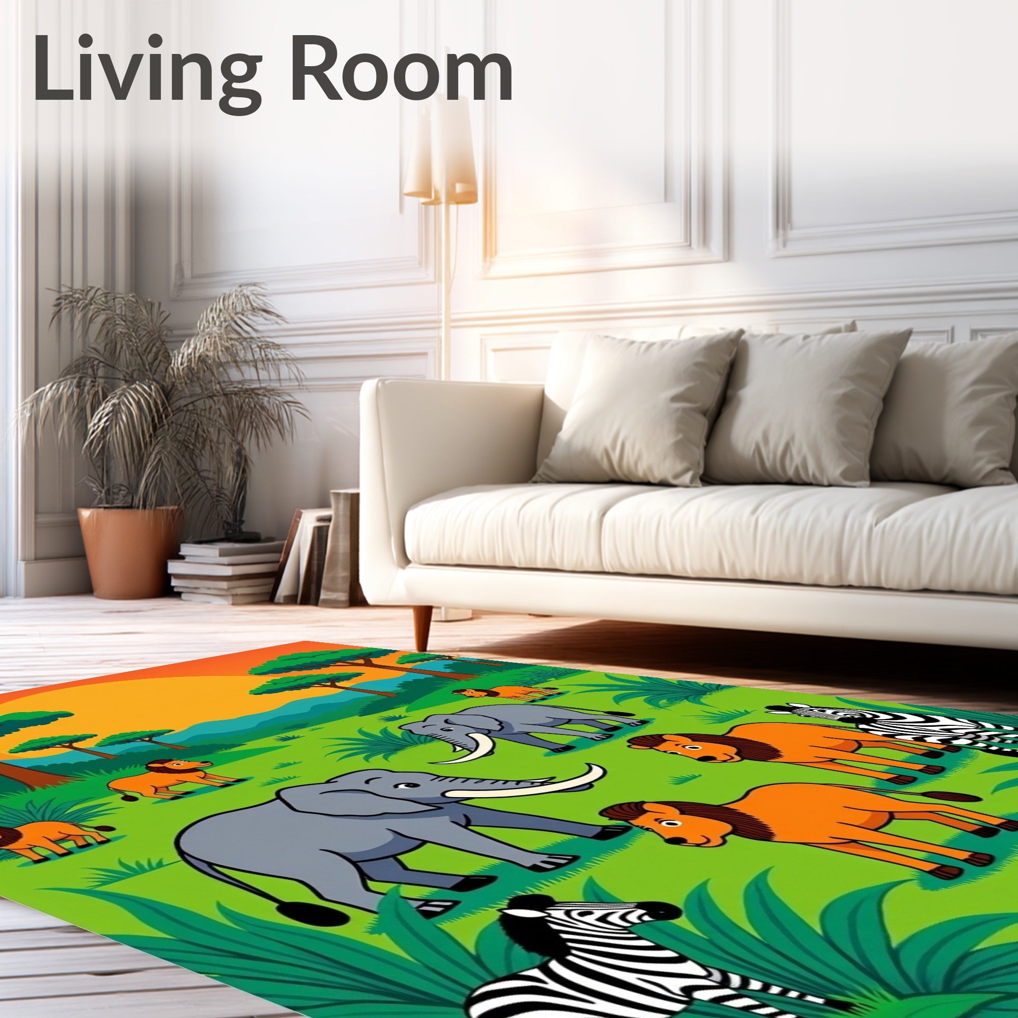 Safari Animals Sunset Meadow Scene Rug