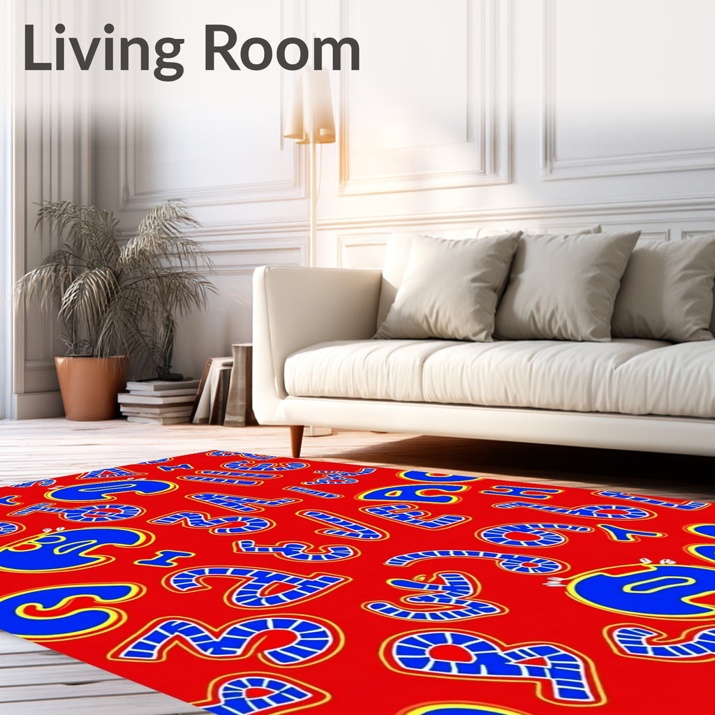 Vibrant Red Blue Alphabet Collage Rug