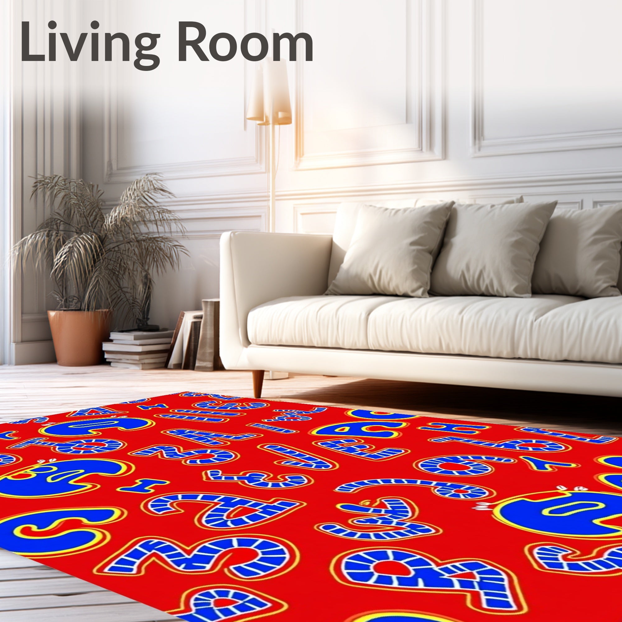 Vibrant Red Blue Alphabet Collage Rug