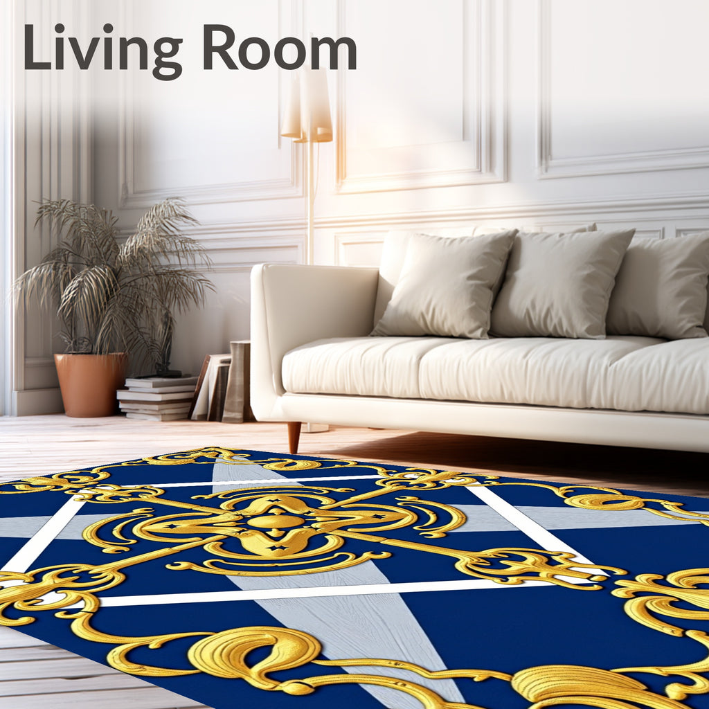 Ornate Gold Scrollwork on Blue Diamond Rug
