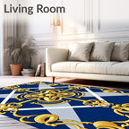 Ornate Gold Scrollwork on Blue Diamond Rug