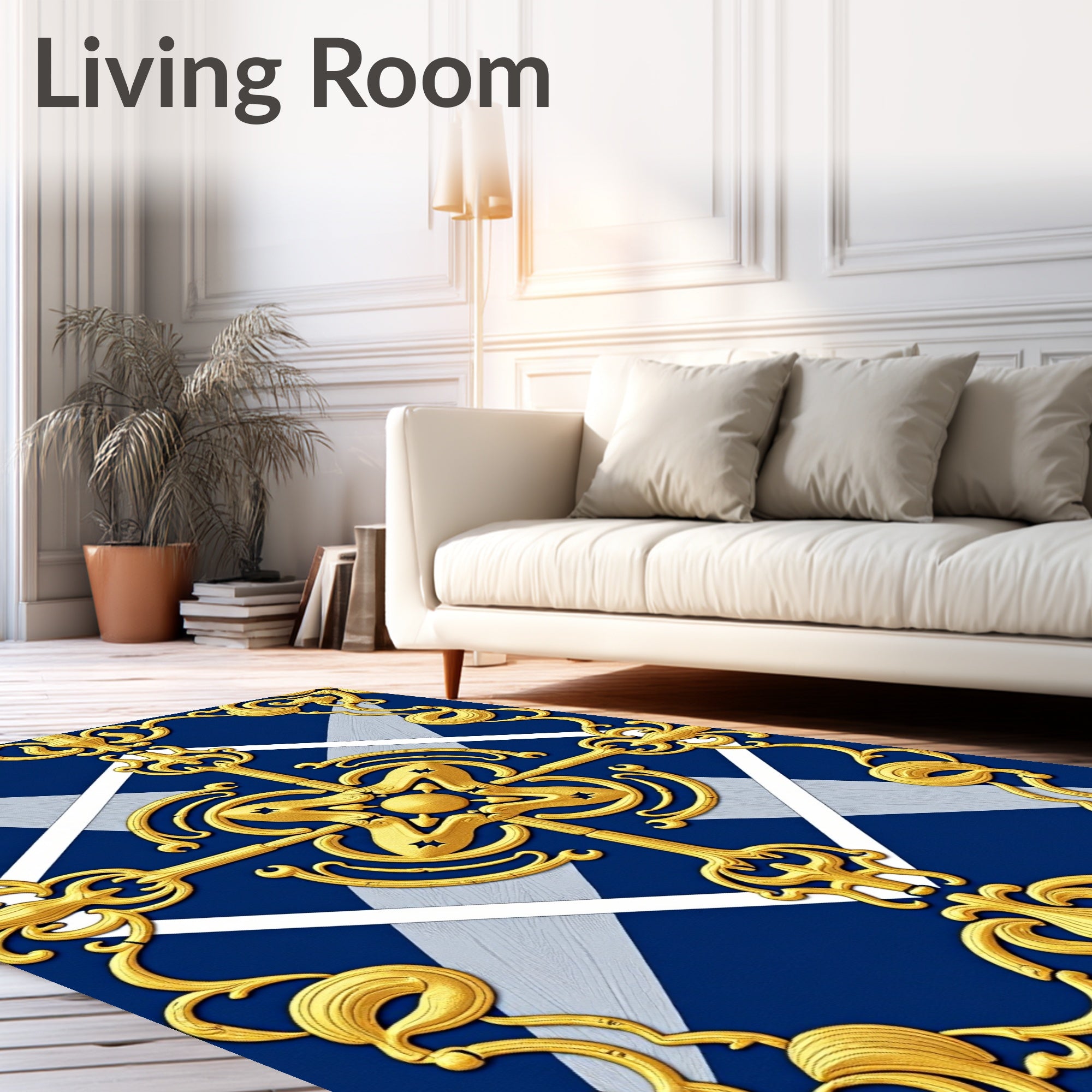 Ornate Gold Scrollwork on Blue Diamond Rug
