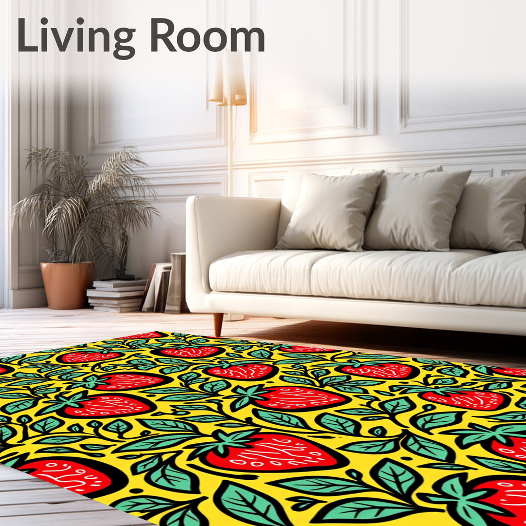 Cheery Red Strawberry Vine Yellow Rug