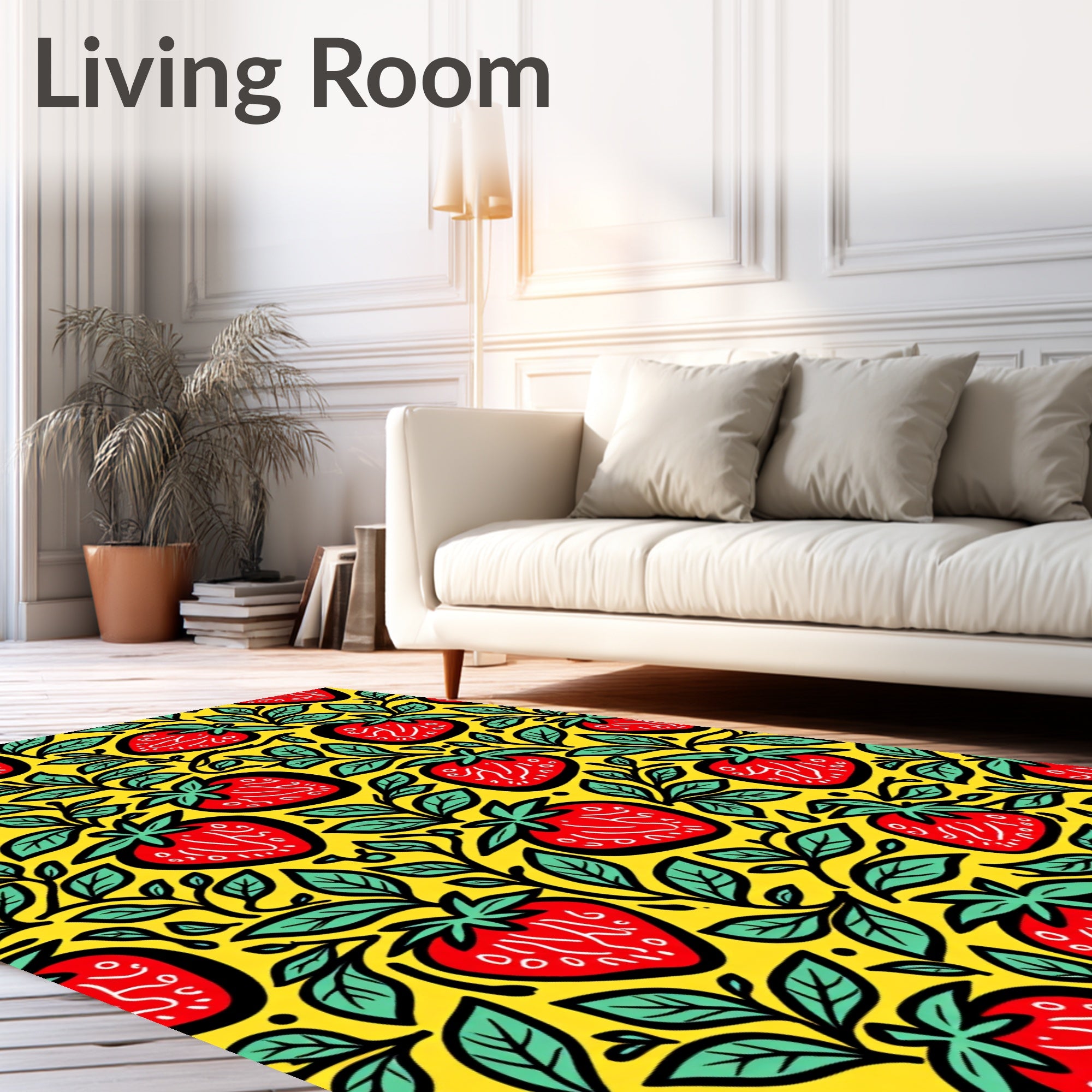 Cheery Red Strawberry Vine Yellow Rug
