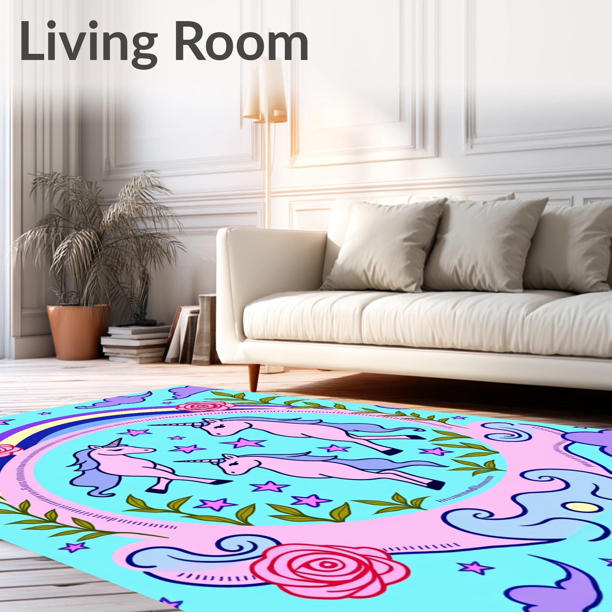 Whimsical Pink Unicorn Rainbow Cloud Rug