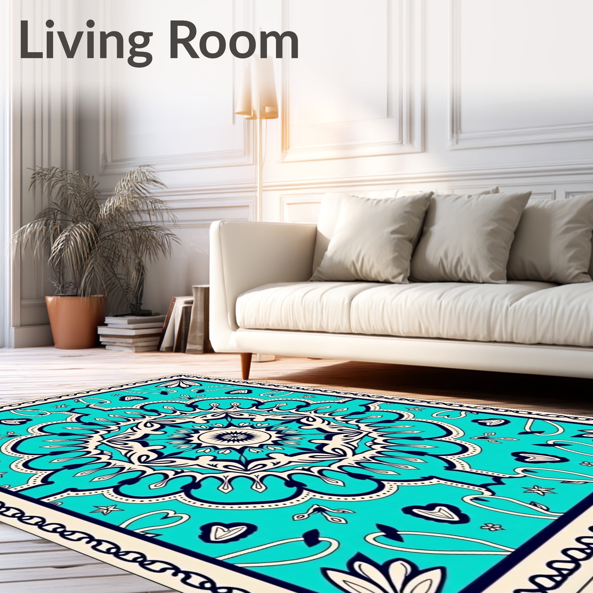 Turquoise Cream Navy Mandala Rug