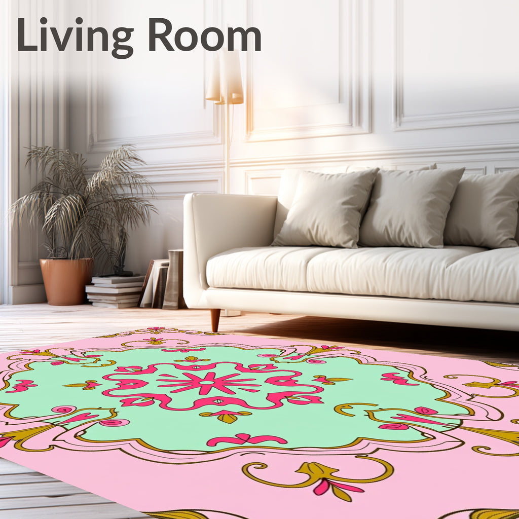 Pink Mint Gold Floral Medallion Rug