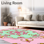 Pink Mint Gold Floral Medallion Rug