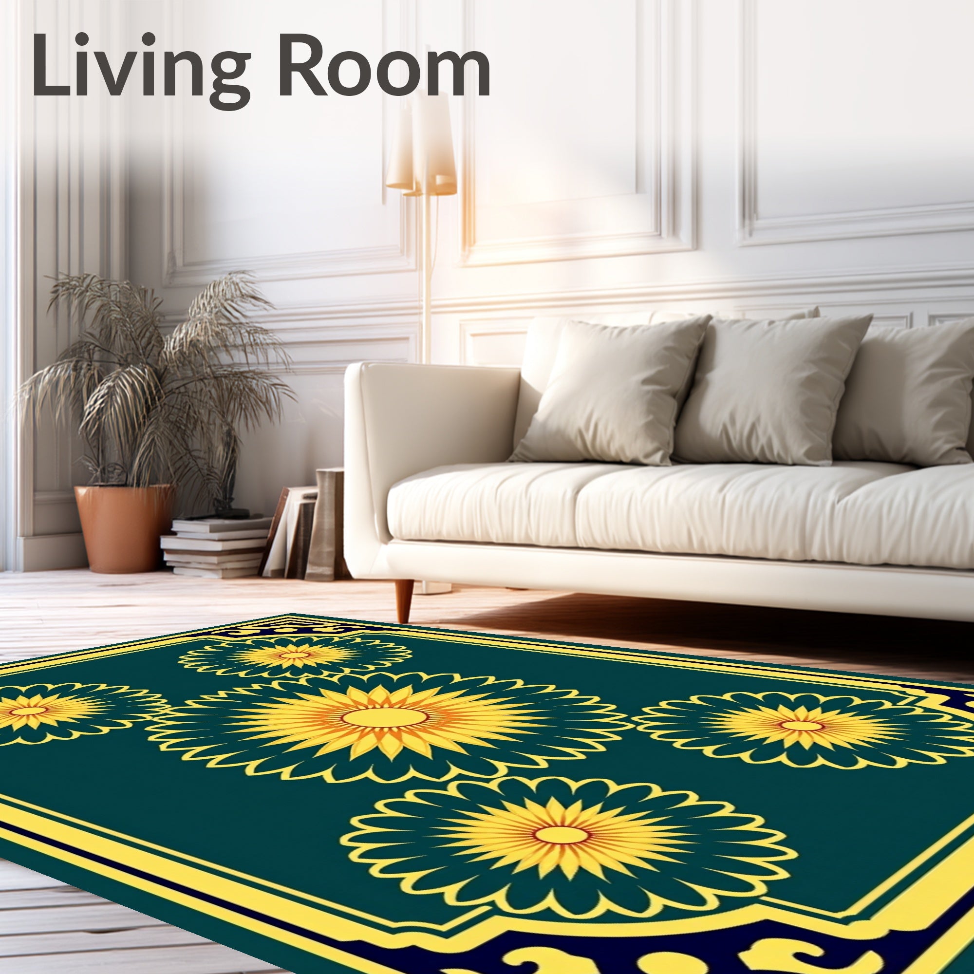 Teal Yellow Sunburst Floral Arrangement Rug