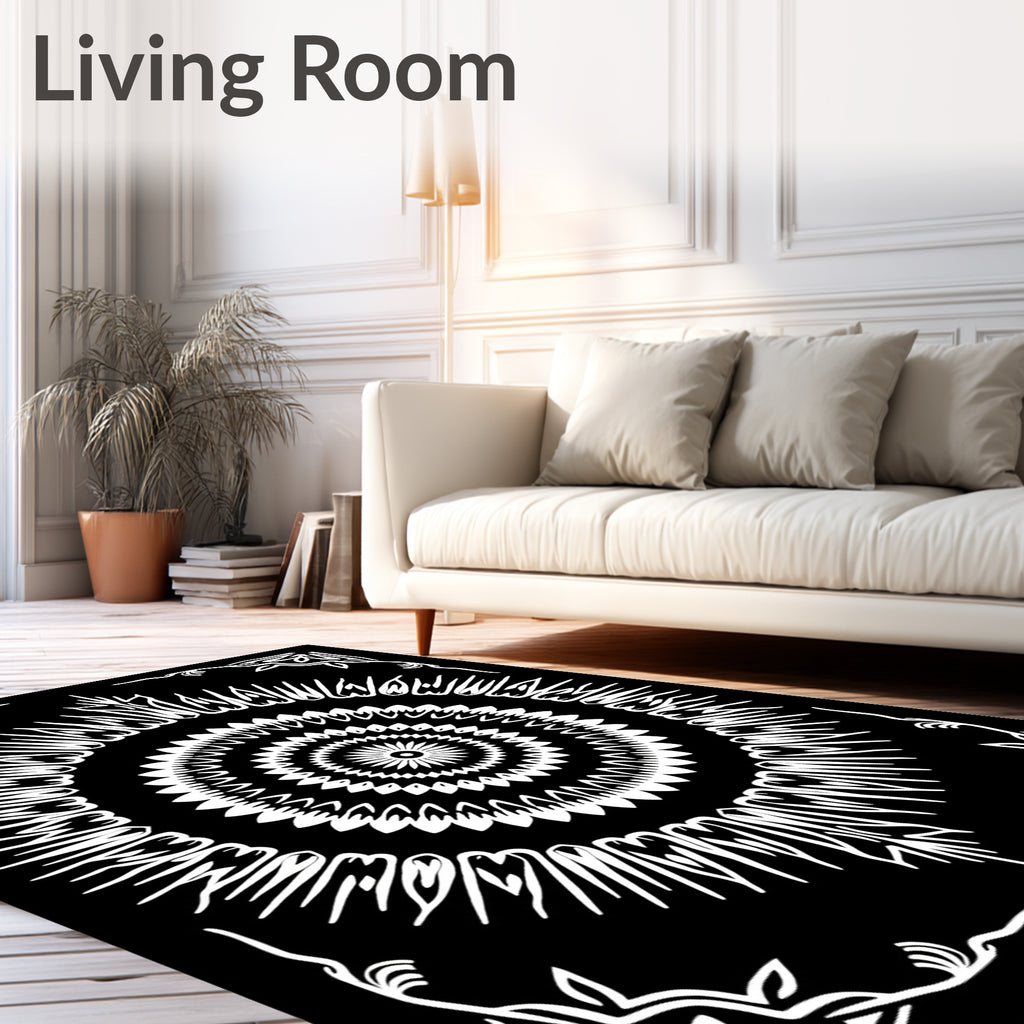 Black White Sunburst Mandala Corner Accents Rug