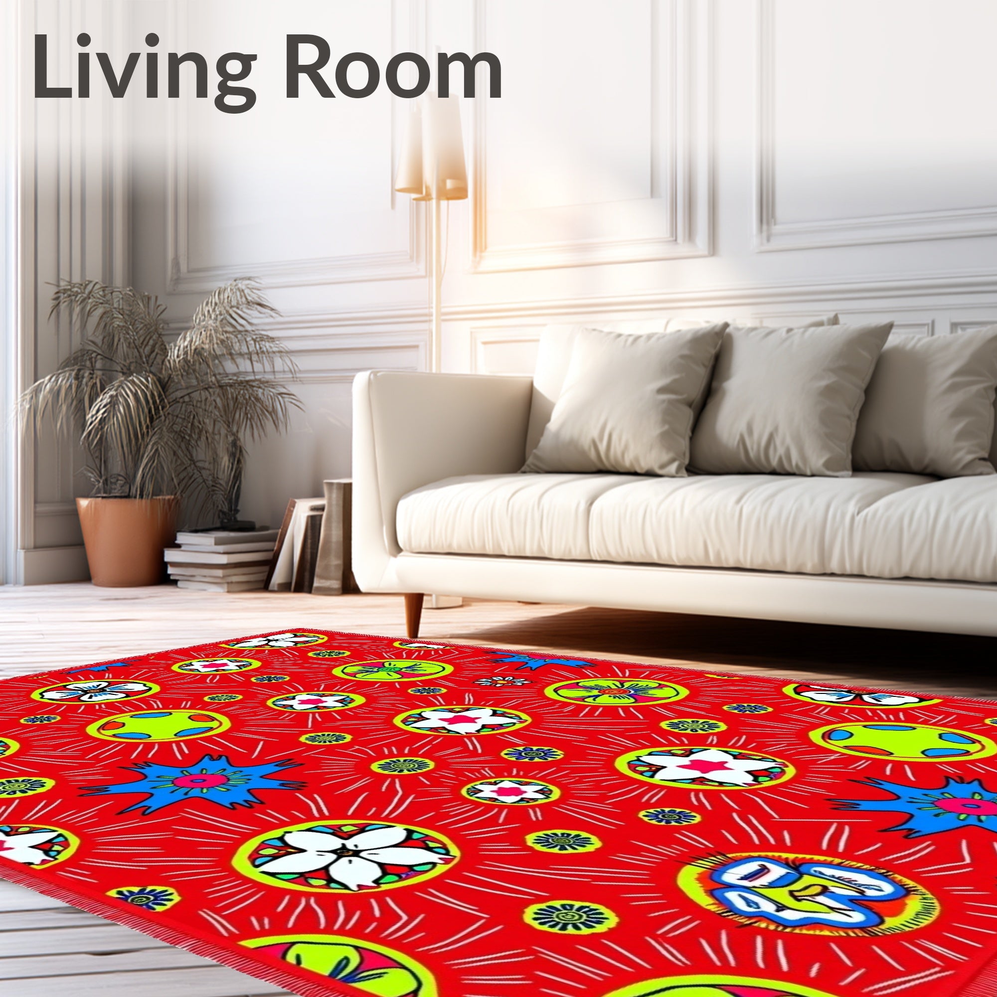 Bright Red Sunburst Floral Medallion Rug