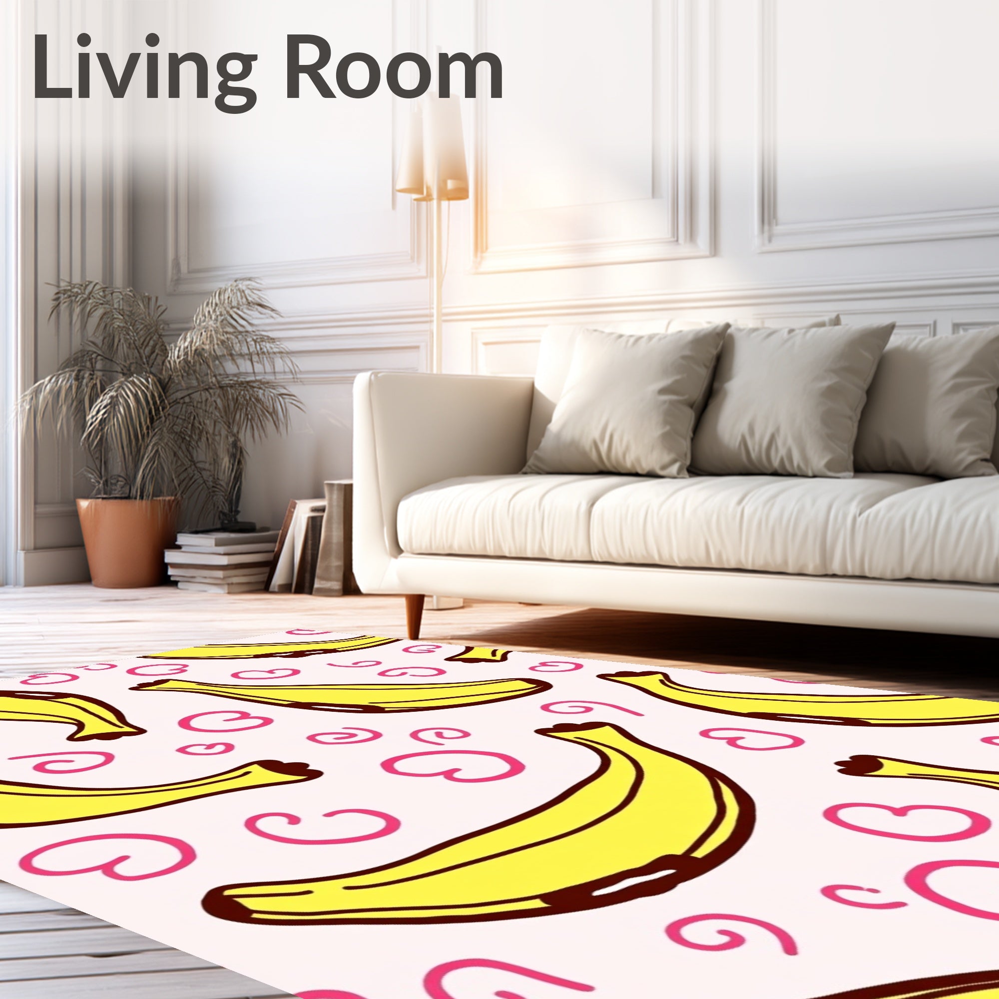 Whimsical Yellow Banana Pink Swirl Rug