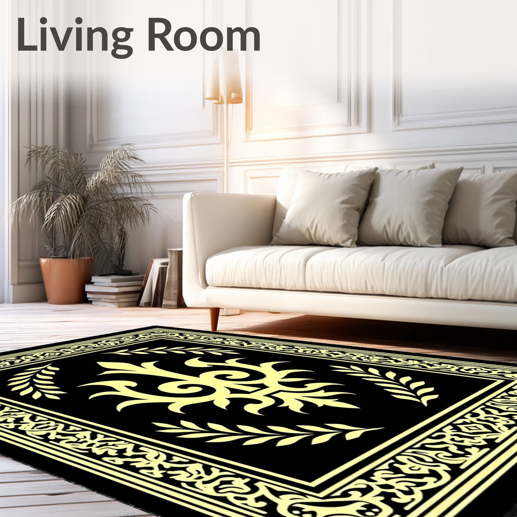 Black Yellow Ornate Laurel Medallion Rug