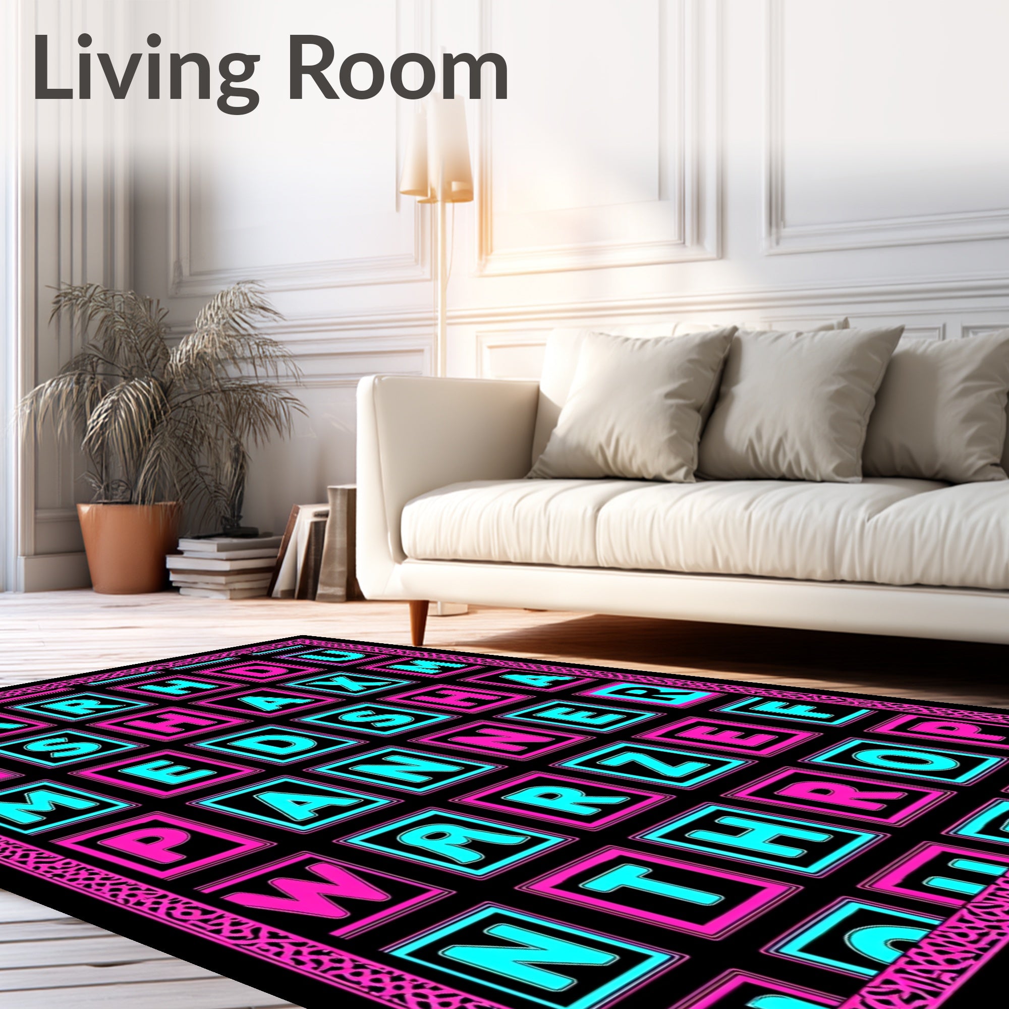 Playful Pink Cyan Alphabet Grid Rug