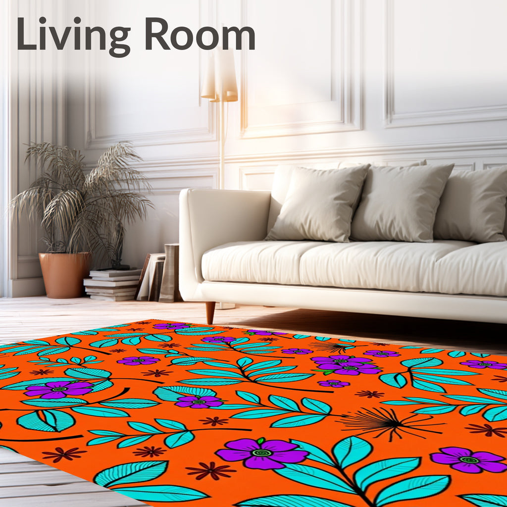 Vibrant Purple Floral Turquoise Leaf Rug