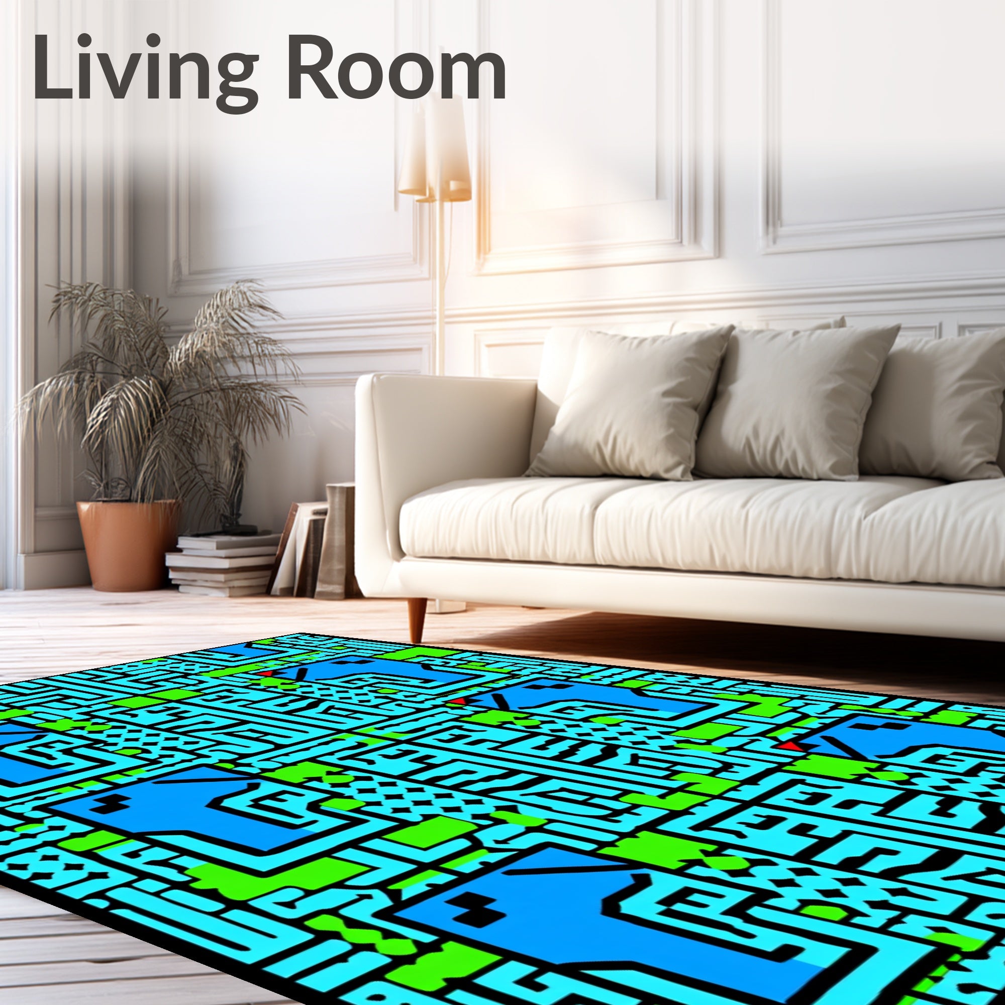 Vibrant Blue Green Abstract Maze Rug
