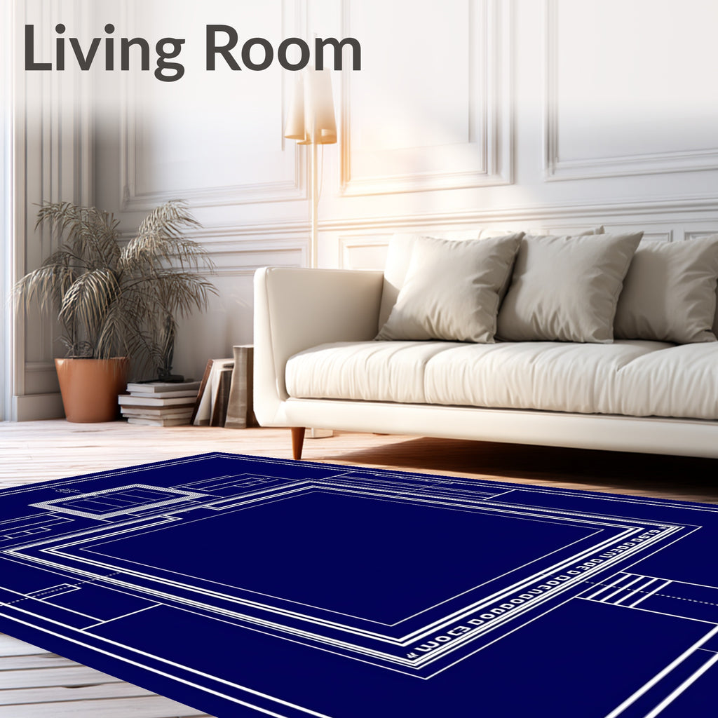 Minimalist Blue Geometric Blueprint Rug