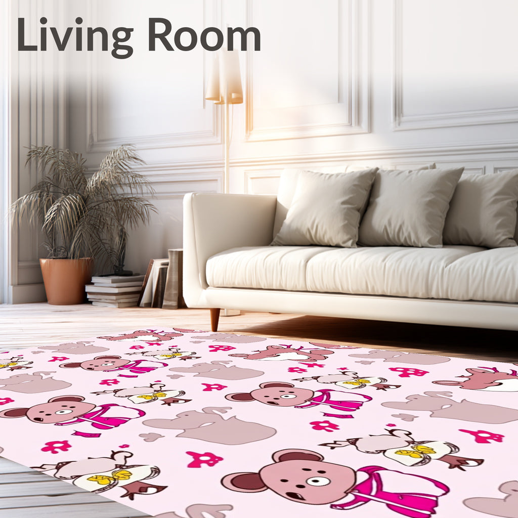 Playful Pink Bear Fox Meadow Scene Rug