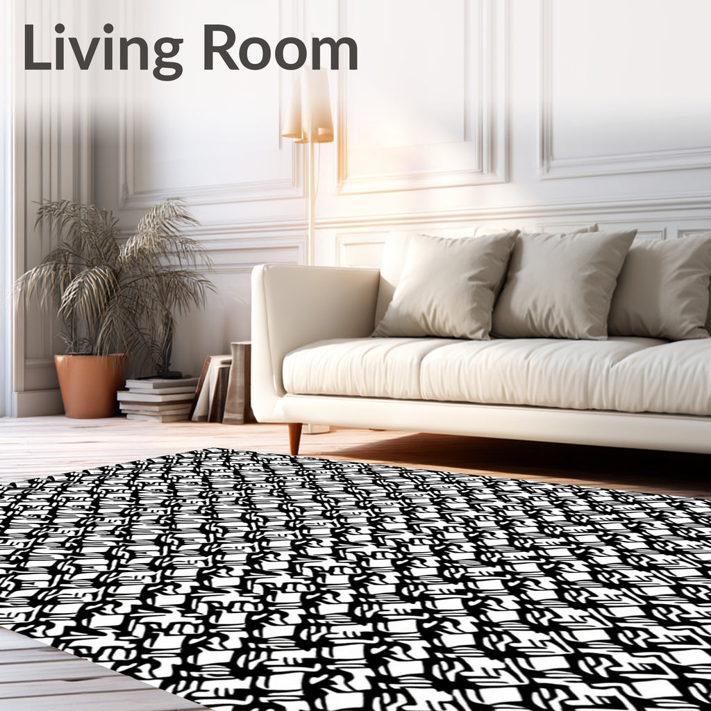 Bold Black Interlocking Abstract Squares Rug
