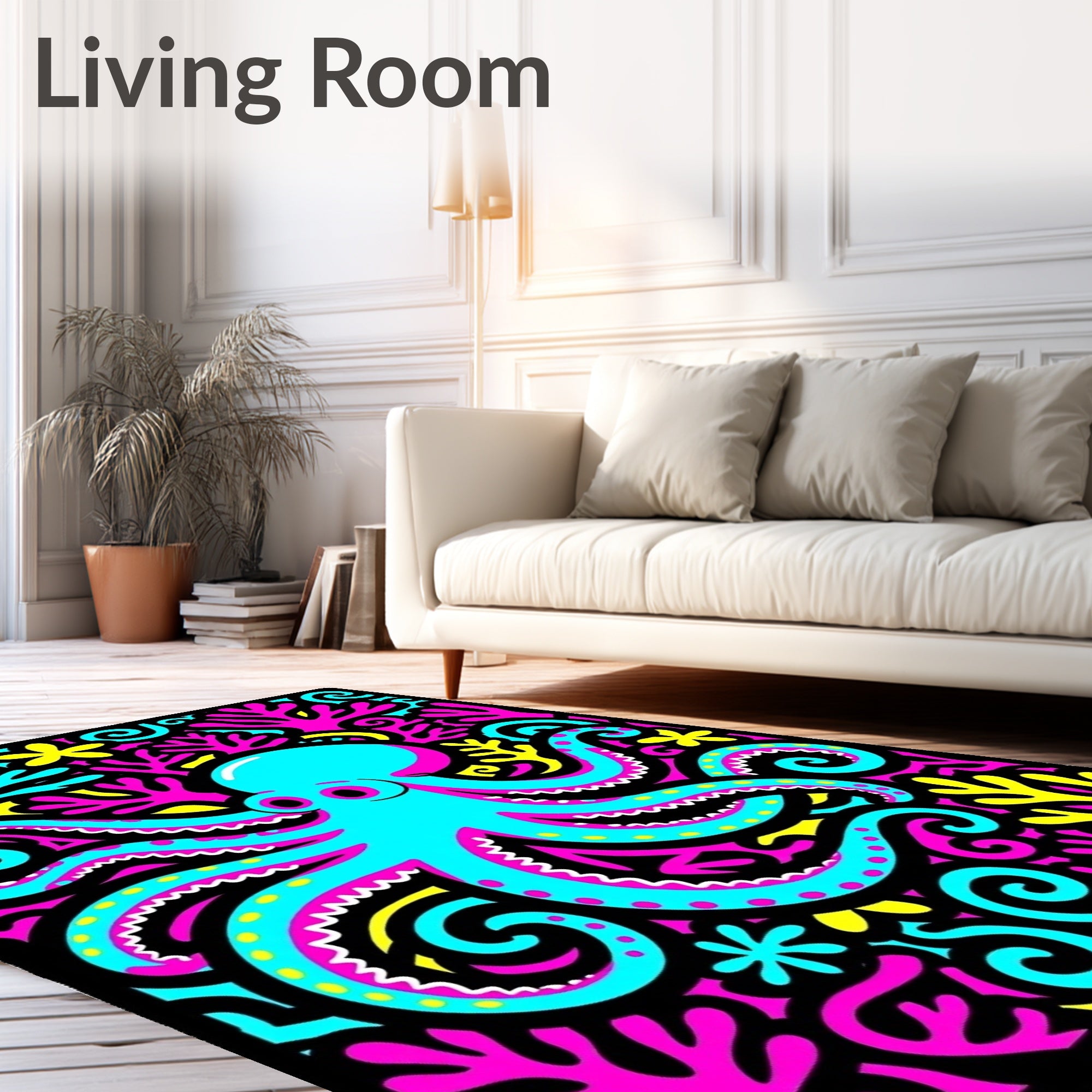 Vibrant Cyan Octopus Coral Garden Rug