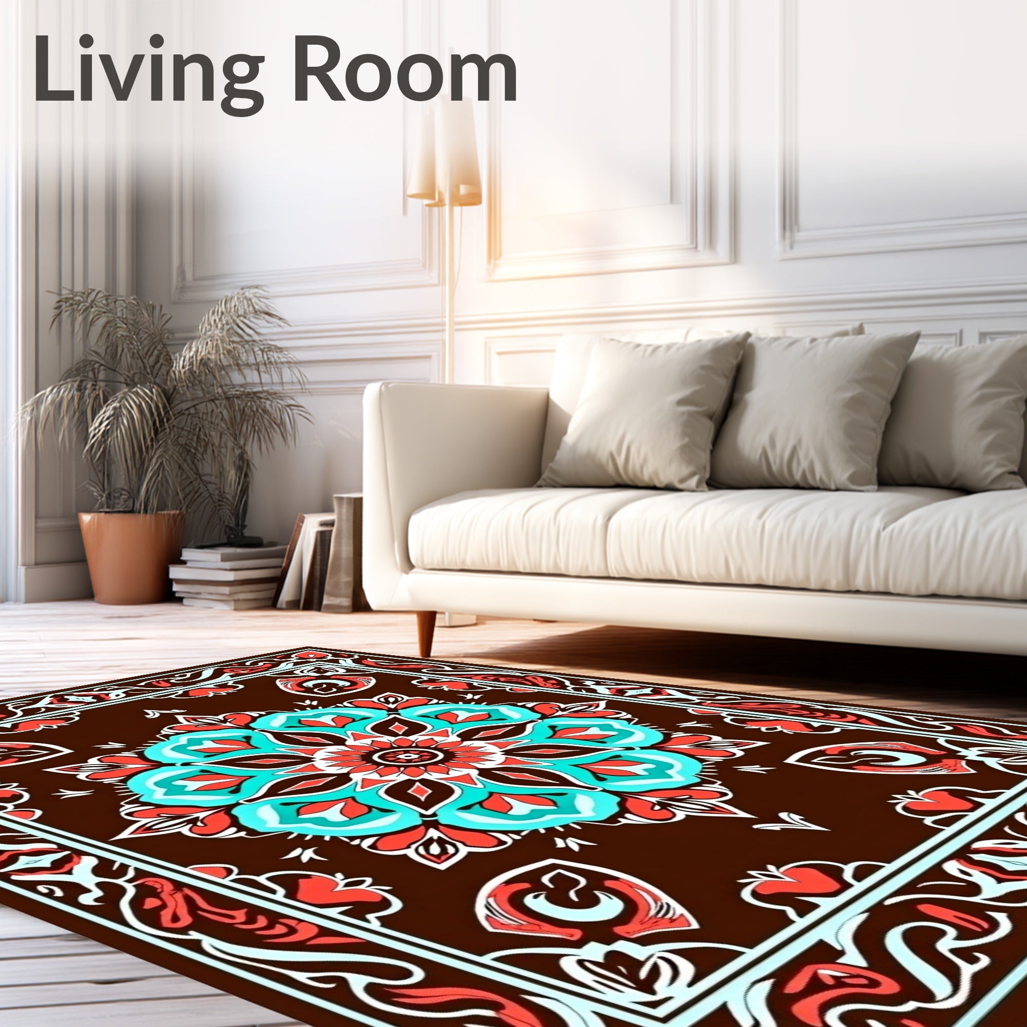 Brown Coral Aqua Medallion Border Rug