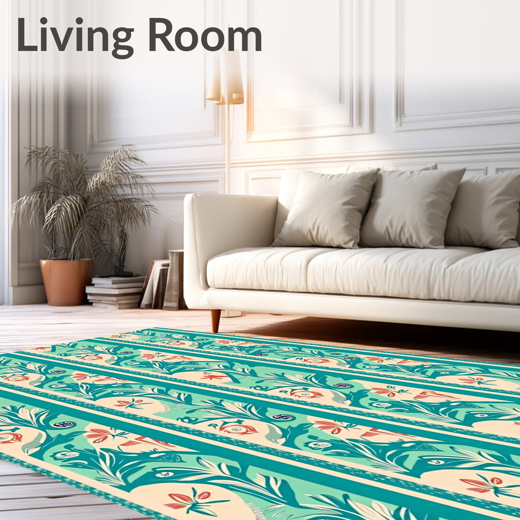 Turquoise Coral Botanical Stripe Arrangement Rug