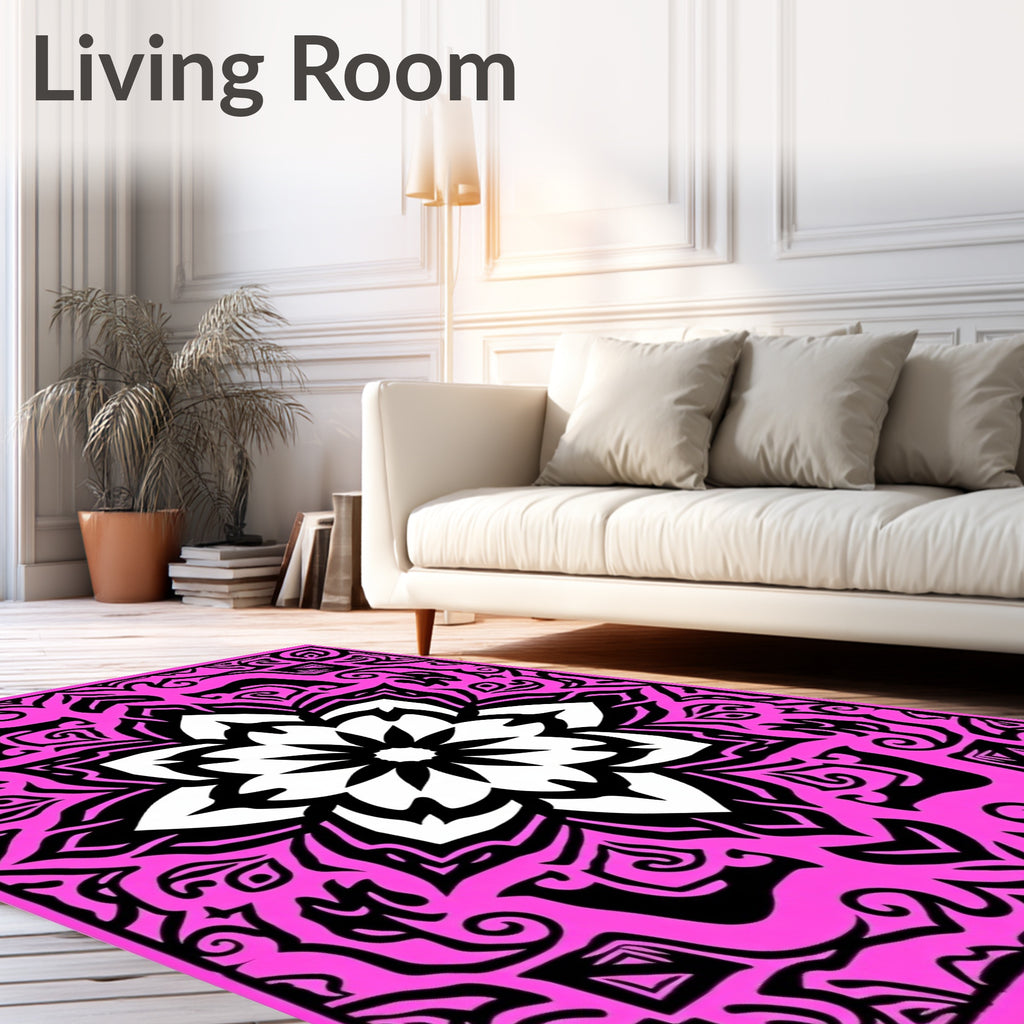 Vibrant Pink Black Mandala Ornament Rug