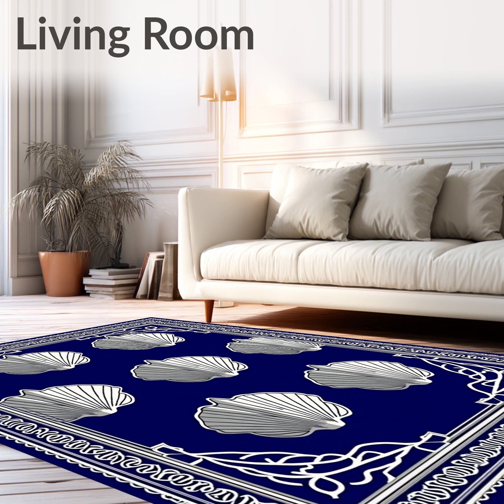 Navy Blue Scallop Shell Border Rug