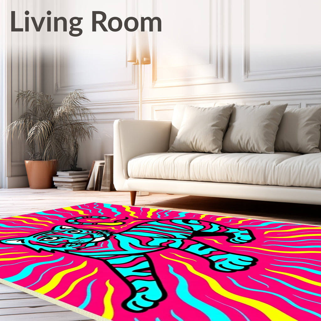 Vibrant Cyan Tiger with Pink Stripes Rug