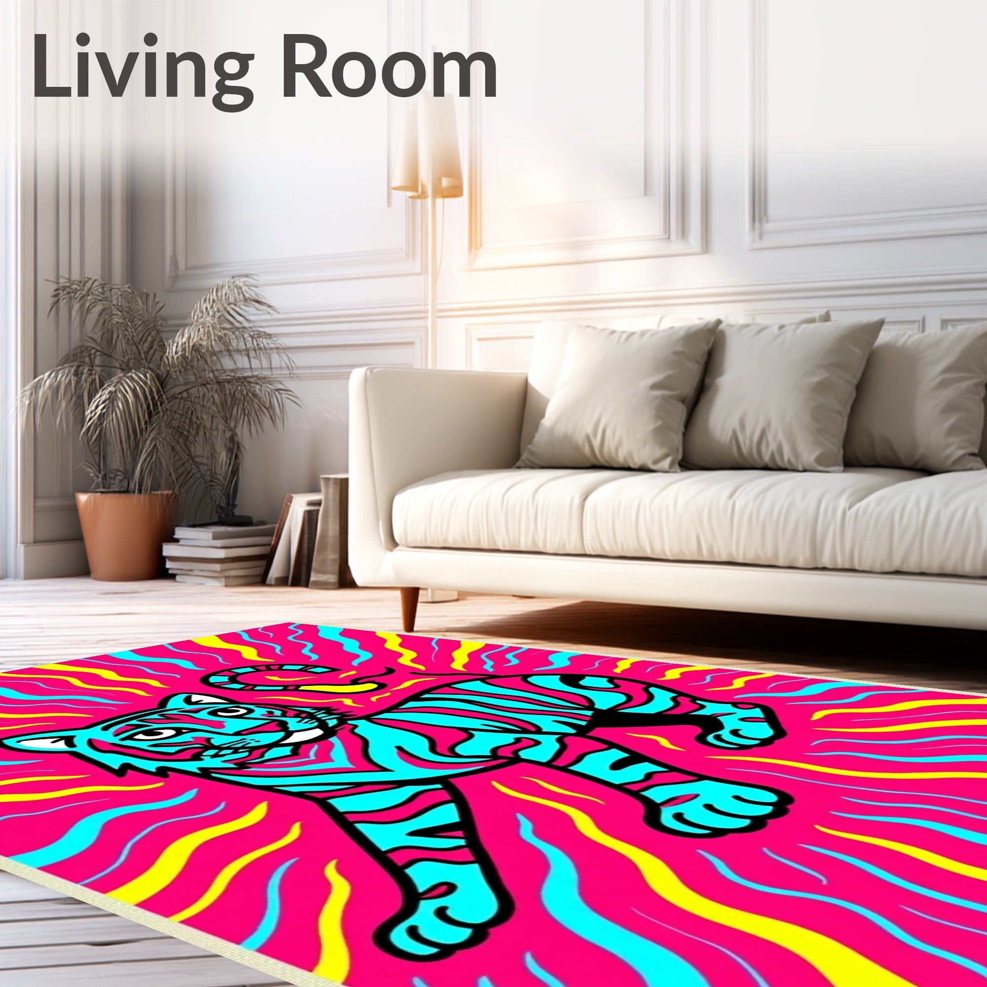 Vibrant Cyan Tiger with Pink Stripes Rug