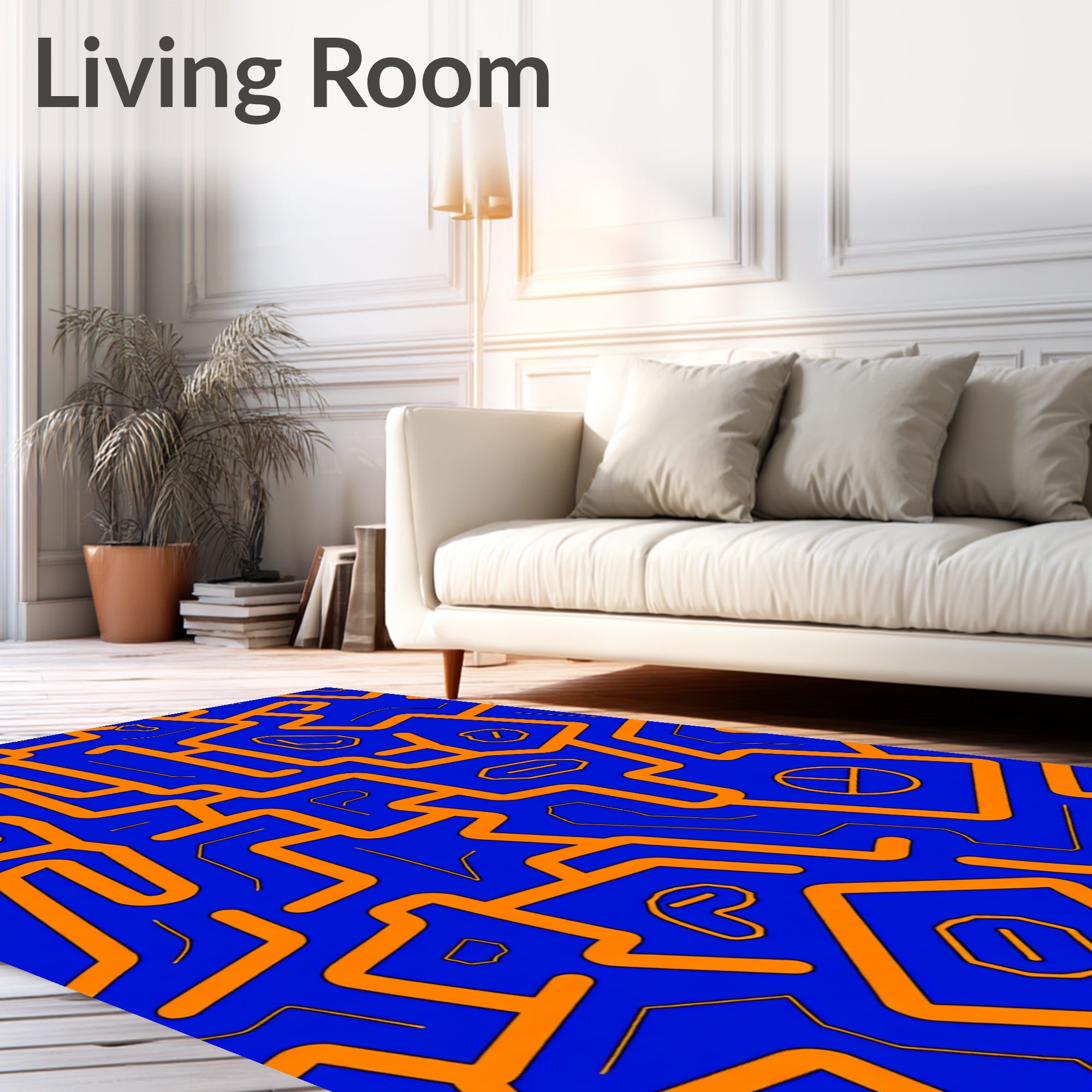Abstract Orange Maze Blue Rug