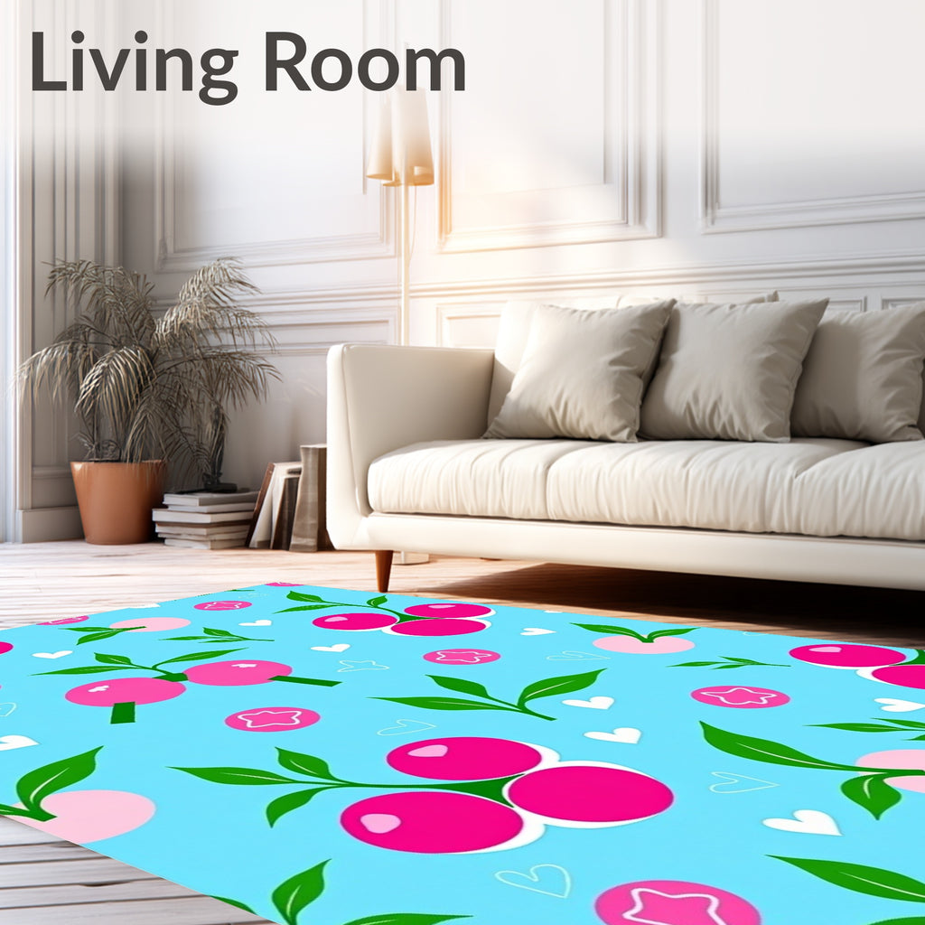 Whimsical Pink Berry Hearts Blue Rug
