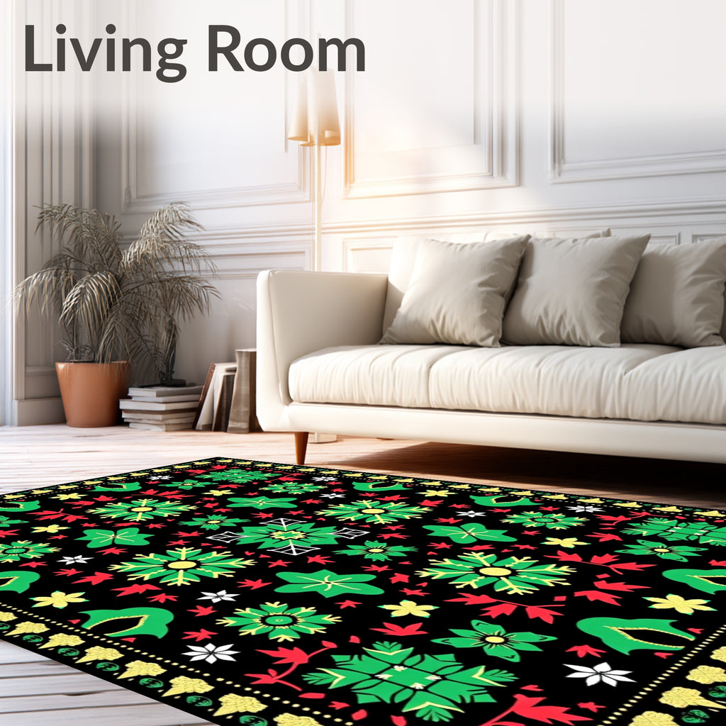 Vintage Black Green Red Floral Star Rug