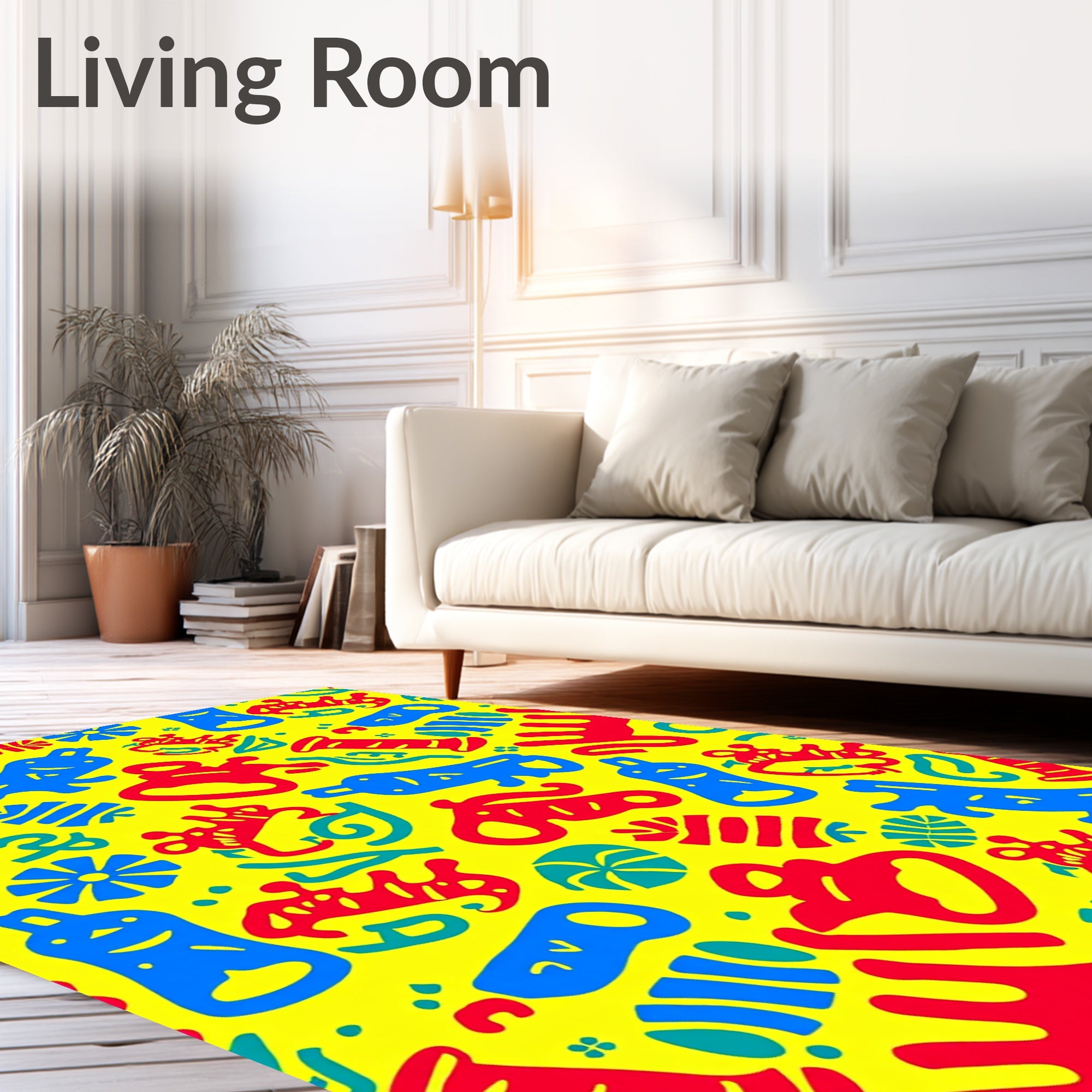 Bright Yellow Playful Cartoon Objects Rug