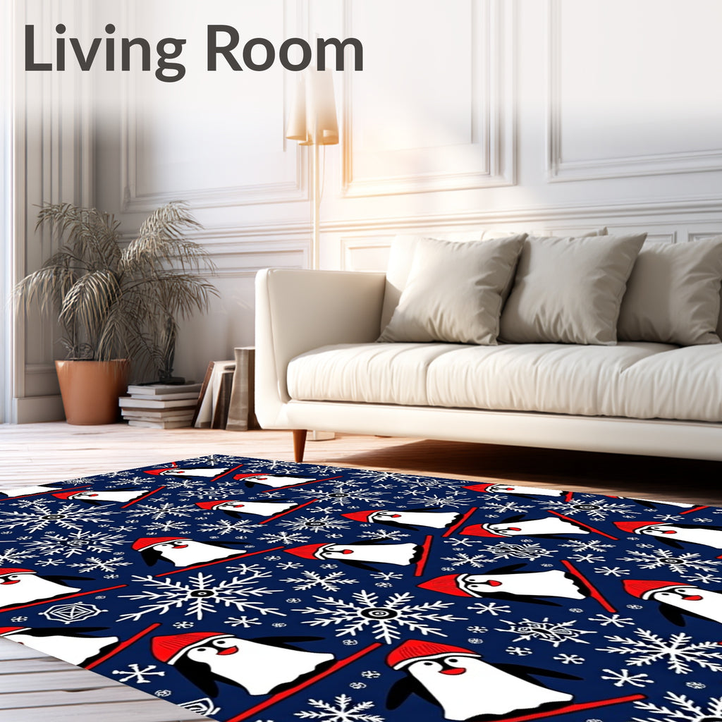 Playful Skiing Penguins Snowflake Navy Rug