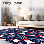 Playful Skiing Penguins Snowflake Navy Rug
