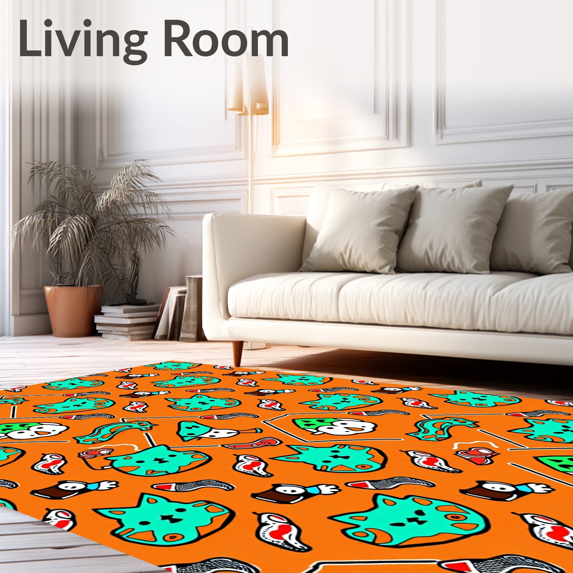Whimsical Orange Cat and Penguin Tile Rug