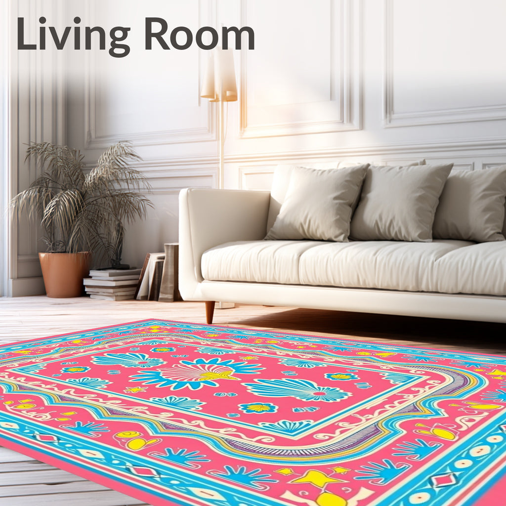 Vibrant Pink Blue Floral Medallion Rug