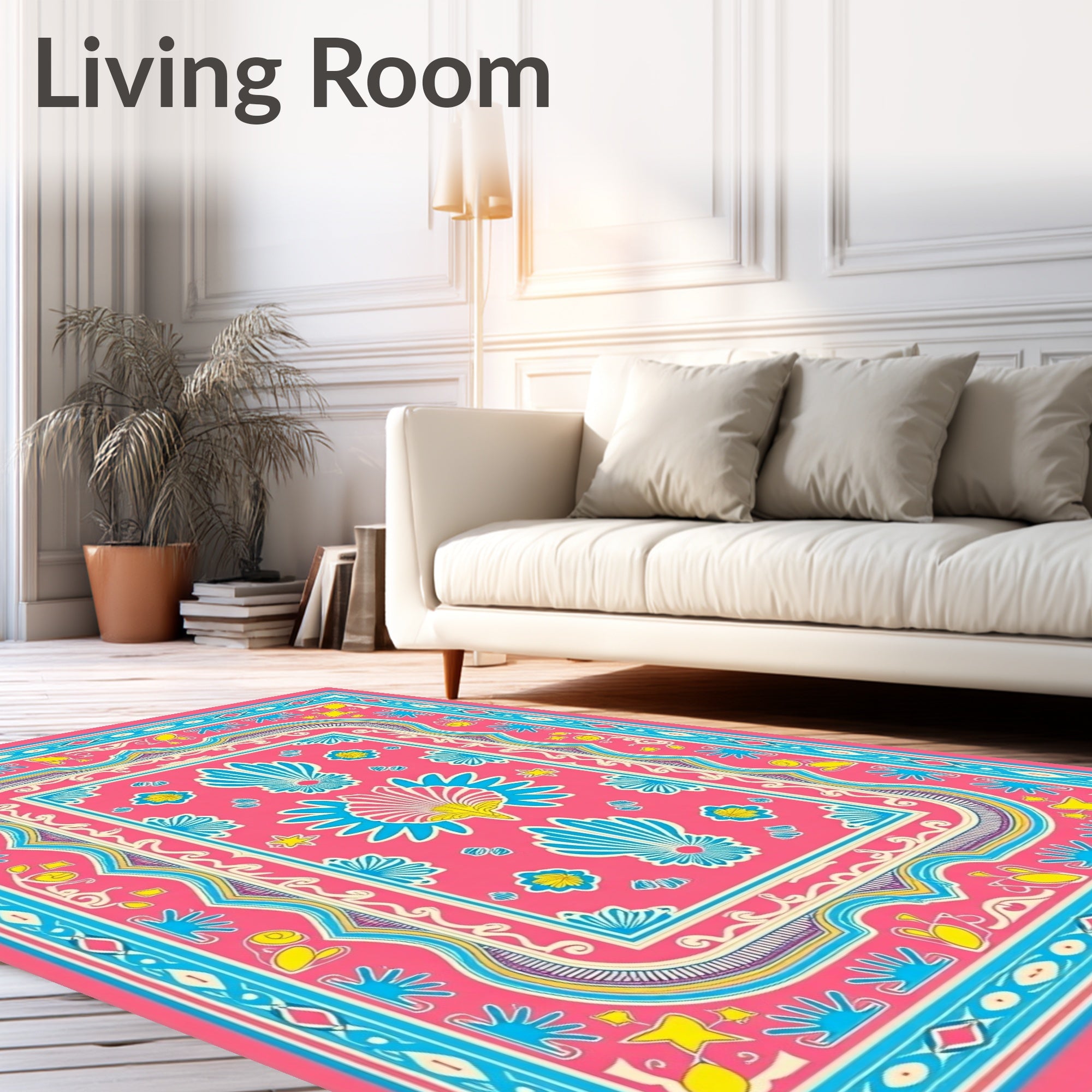 Vibrant Pink Blue Floral Medallion Rug