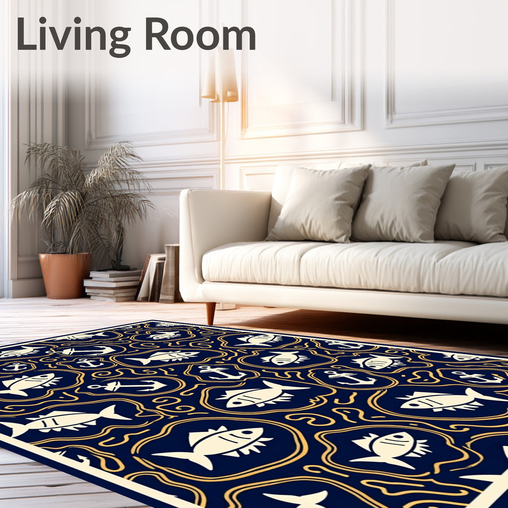 Navy Cream Fish Anchor Swirls Rug