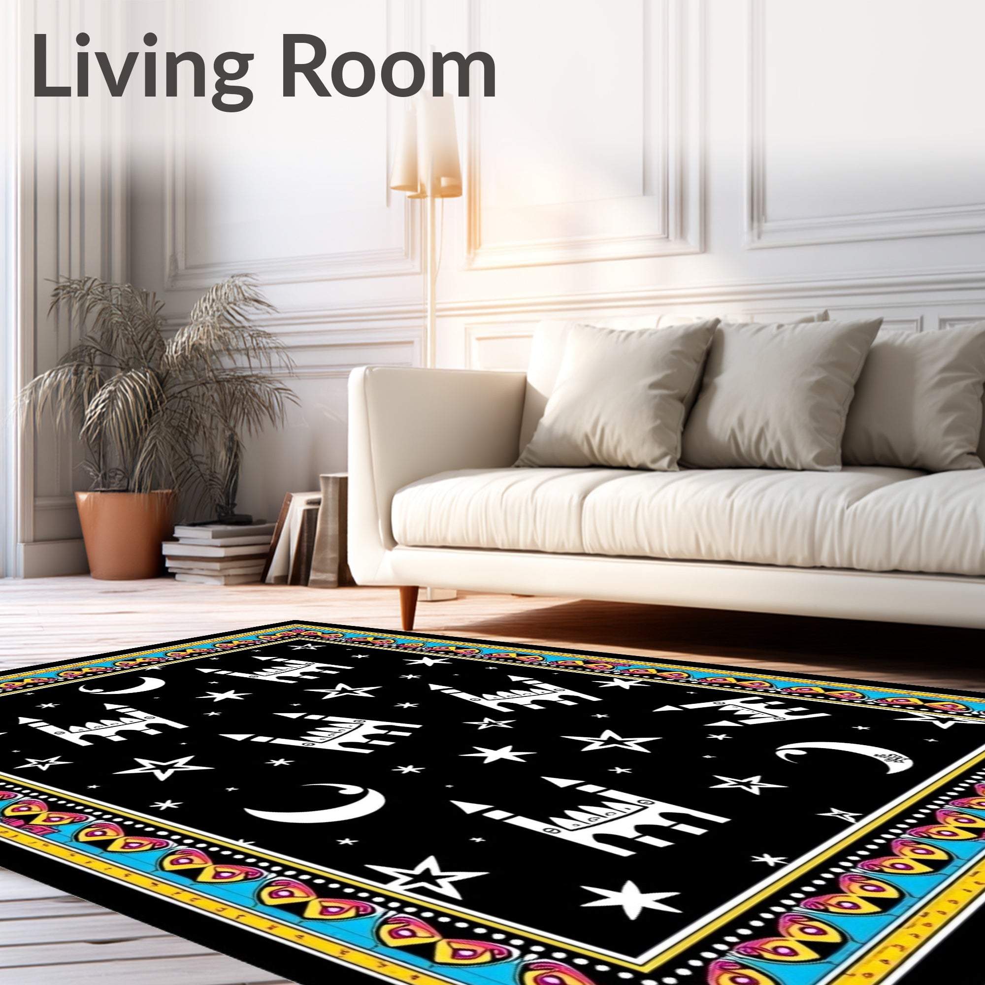 Whimsical Starry Night Mosque Border Rug