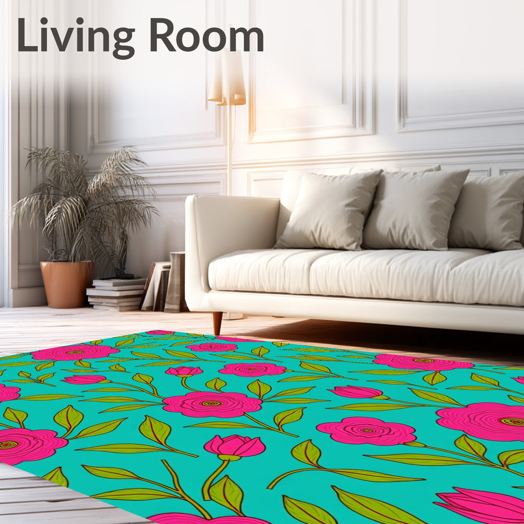 Vibrant Pink Floral Branches Teal Rug