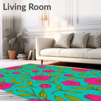 Vibrant Pink Floral Branches Teal Rug