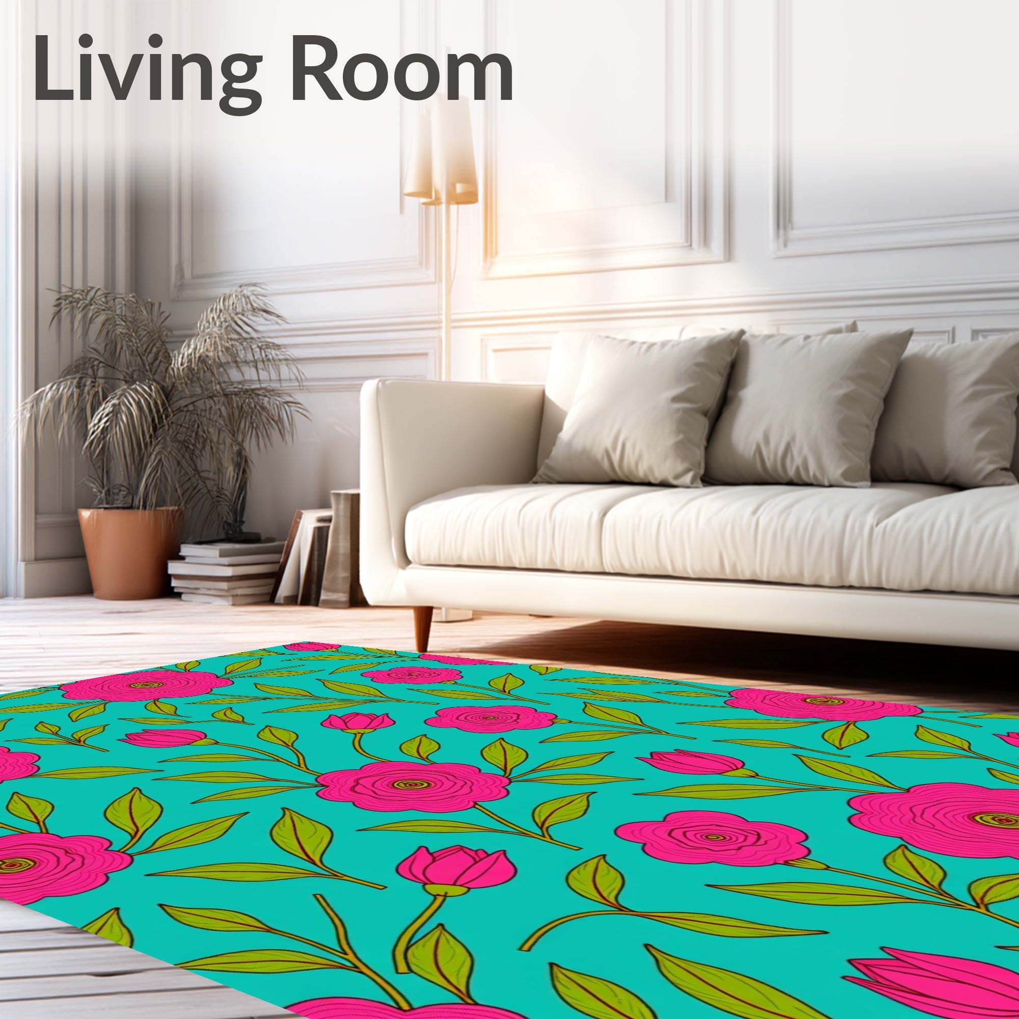 Vibrant Pink Floral Branches Teal Rug