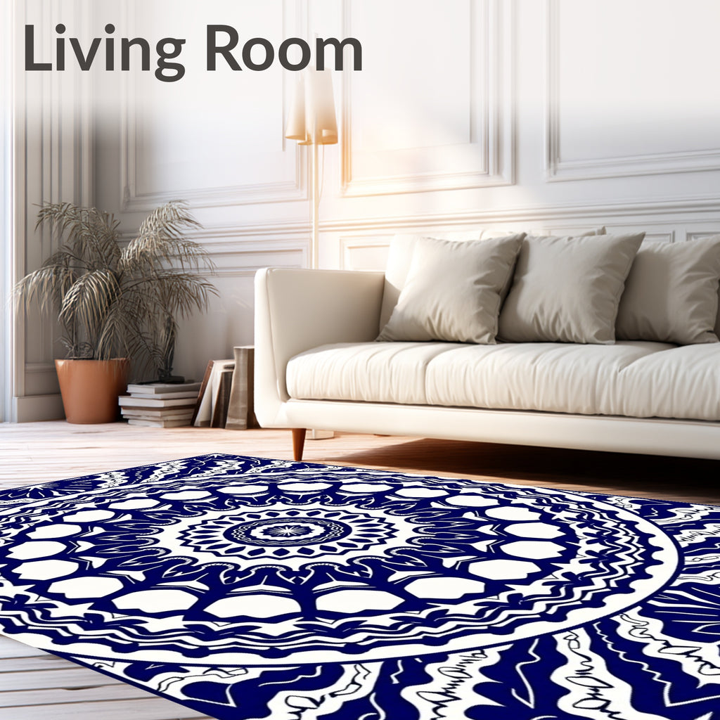 Deep Blue White Mandala Circular Rug