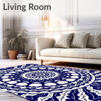 Deep Blue White Mandala Circular Rug