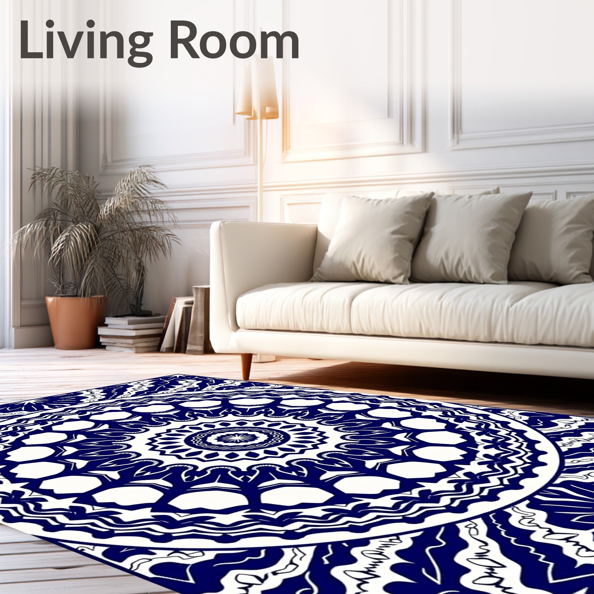 Deep Blue White Mandala Circular Rug