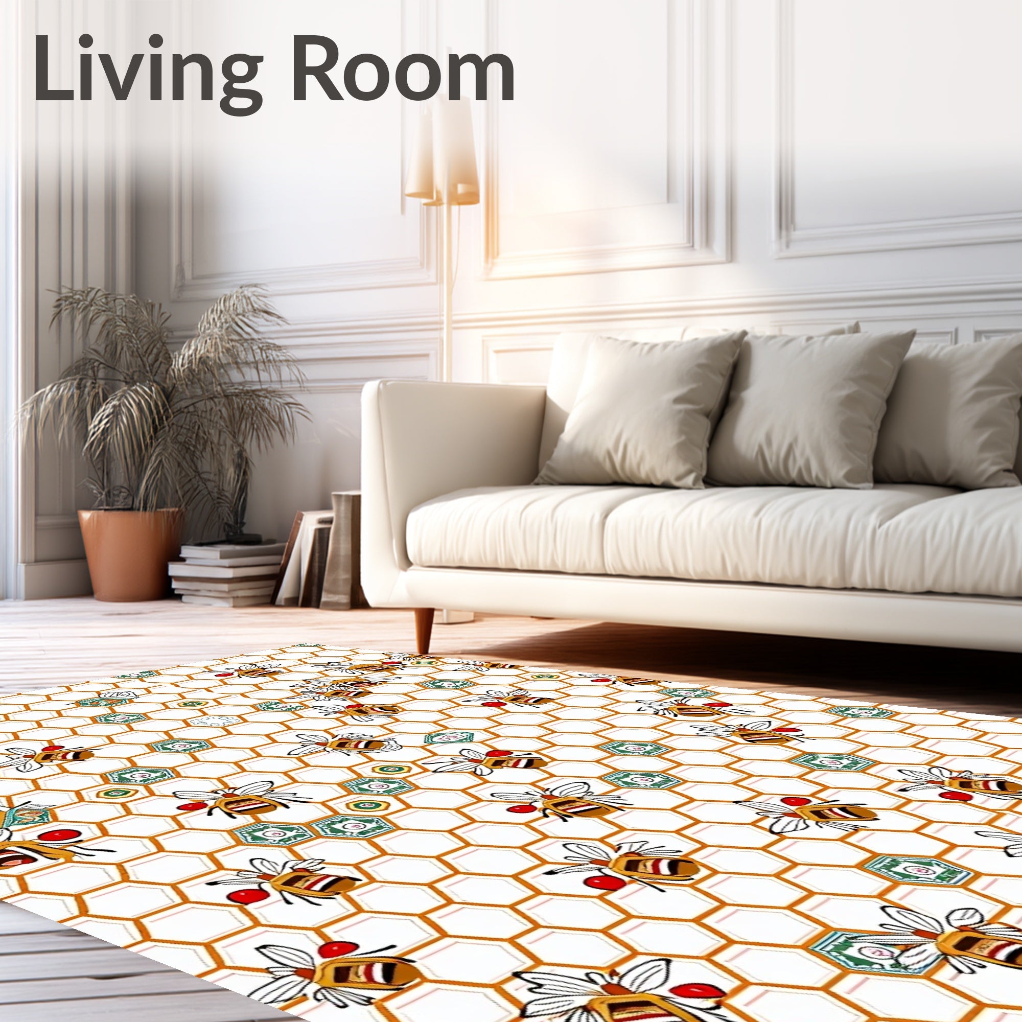 Whimsical Yellow Bee Honeycomb Artwork Rug