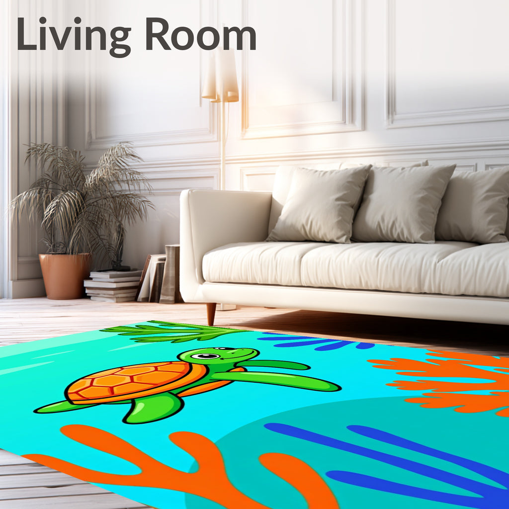 Cute Green Turtle Coral Reef Rug
