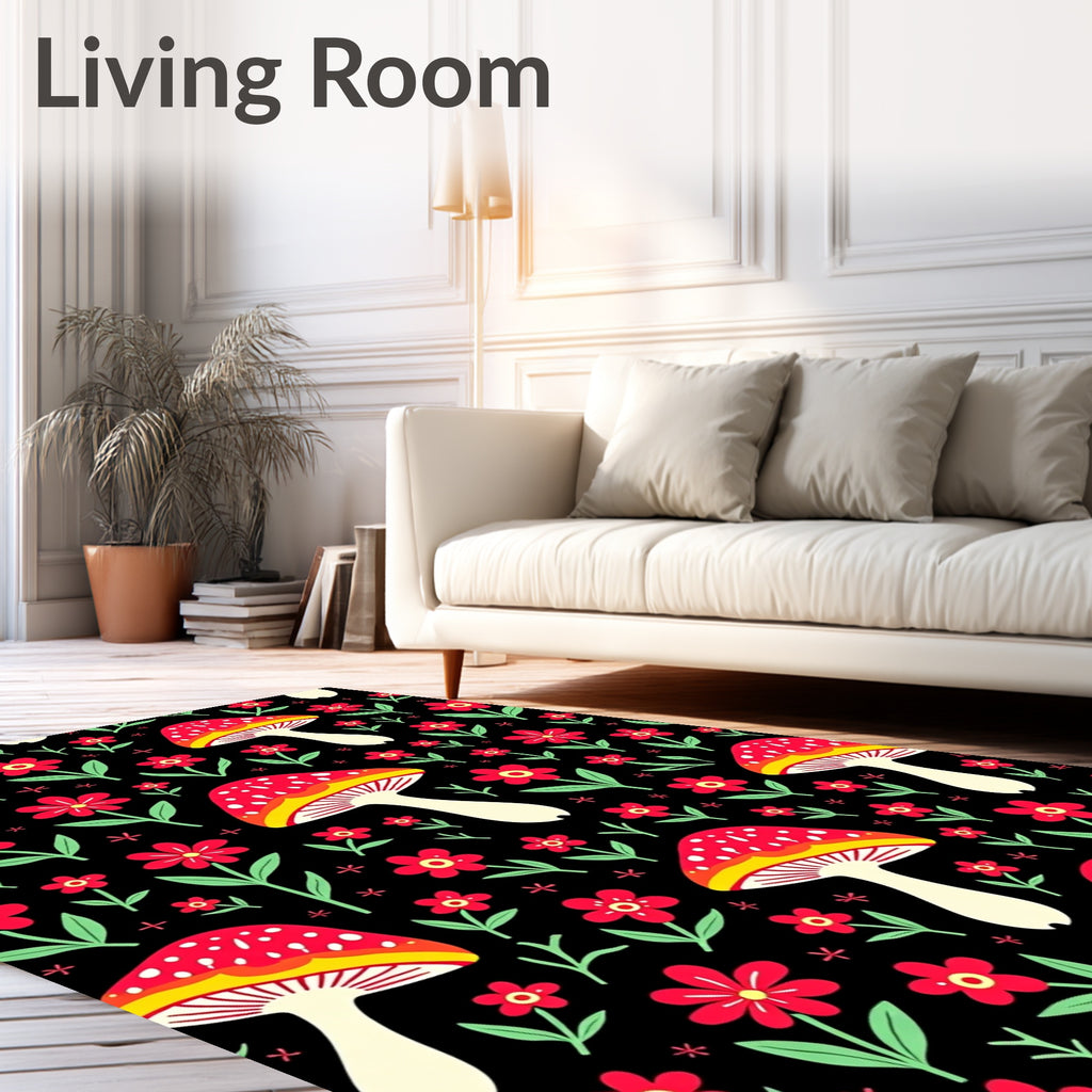 Red Mushroom Garden Floral Black Rug